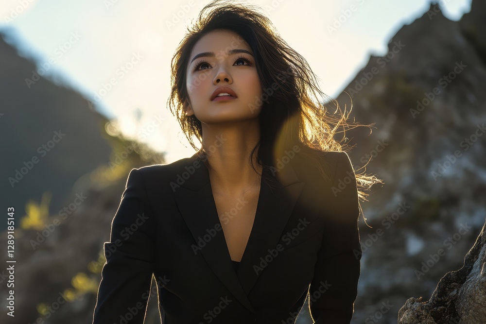 Fearless Asian Business Woman Overlooking the Horizon from a Mountain Cliff Fearless Asian Business Woman Overlooking the Horizon from a Mountain Cliff