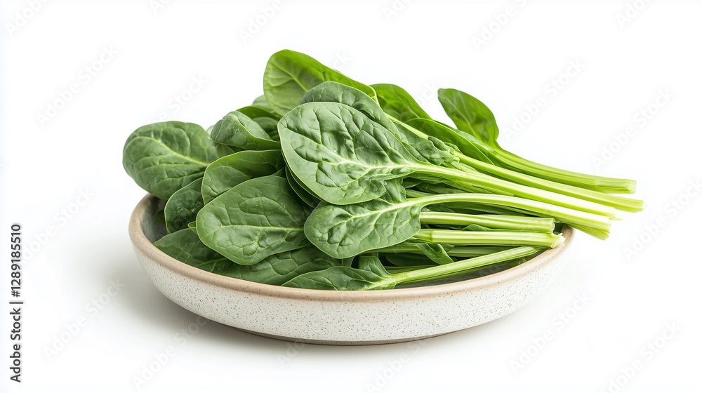 fresh raw spinach on a plate isolated on white background fresh raw spinach on a plate isolated on white background