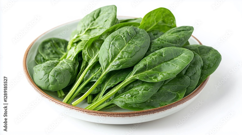 fresh raw spinach on a plate isolated on white background fresh raw spinach on a plate isolated on white background
