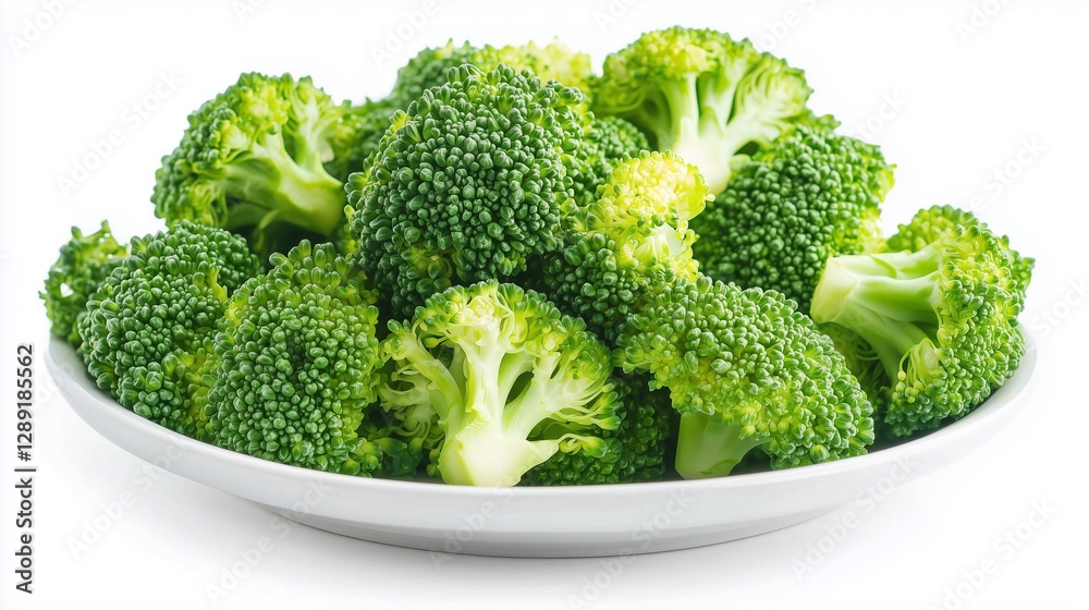 fresh green broccoli on a plate isolated on white background fresh green broccoli on a plate isolated on white background