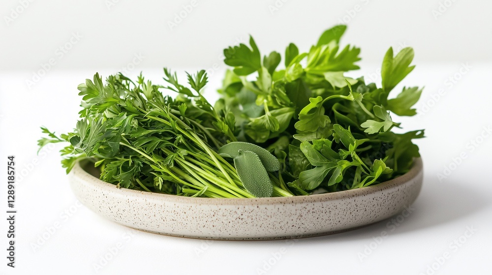 fresh green herbs on a plate isolated on white background fresh green herbs on a plate isolated on white background