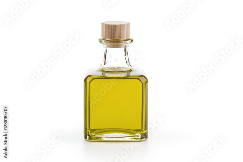 Transparent glass bottle filled with golden liquid, minimalistic