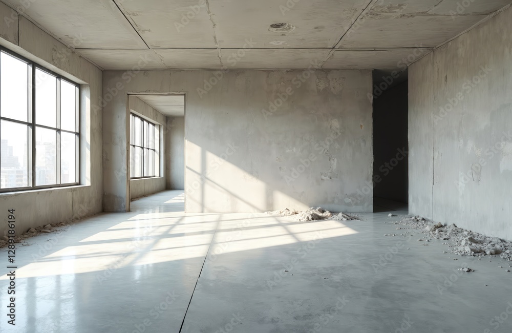 Spacious empty room in new construction building. Decluttered grey interior featuring sunlight through windows. Concrete walls, floor provide versatile open space. Great for real estate development, Spacious empty room in new construction building. Decluttered grey interior featuring sunlight through windows. Concrete walls, floor provide versatile open space. Great for real estate development,