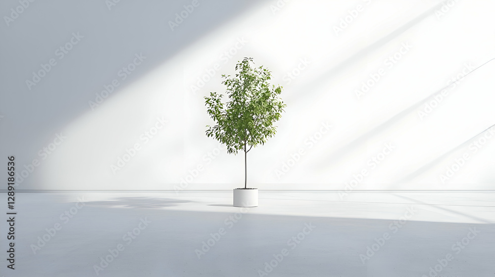 Obraz premium Small Green Tree in White Pot Minimalist Interior Setting