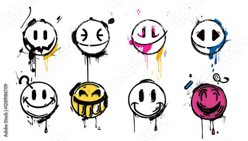 Graffiti-style smiley faces vector with spray paint effect, transparent background, street art, urban, grunge, hip-hop, doodle, cool, abstract, funky, expression