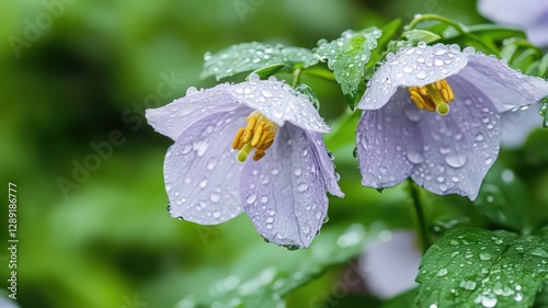 Close-up view of two light purple flowers with water droplets, lush green background photo