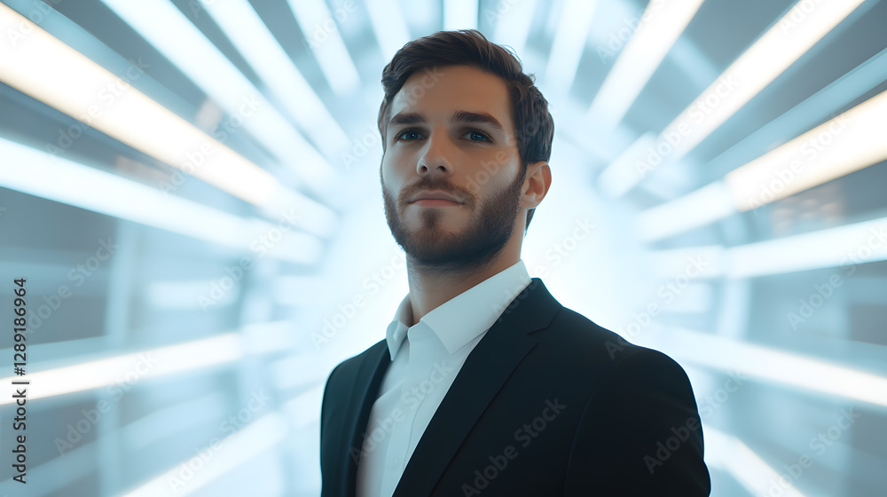 Fototapeta premium Futuristic ai-driven company leader modern office professional portrait sleek environment empowered viewpoint innovation concept