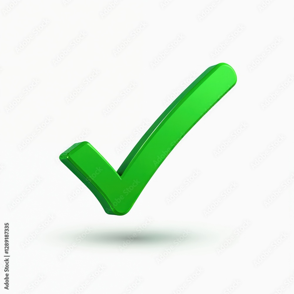 Green check mark on white background. Correct tick symbol for right choice, task done, positive answer, pass exam, success, approval. 3D render icon with shadow and glossy effect. Green check mark on white background. Correct tick symbol for right choice, task done, positive answer, pass exam, success, approval. 3D render icon with shadow and glossy effect.