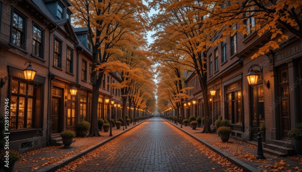 Obraz premium The Tranquil Nature of Autumn Background with Golden Leaves Falling Gently Red and Orange Trees Lining a Peaceful Pathway and Warm Sunlight Casting a Soft Glow Creating a Beautiful and Cozy Seasonal O