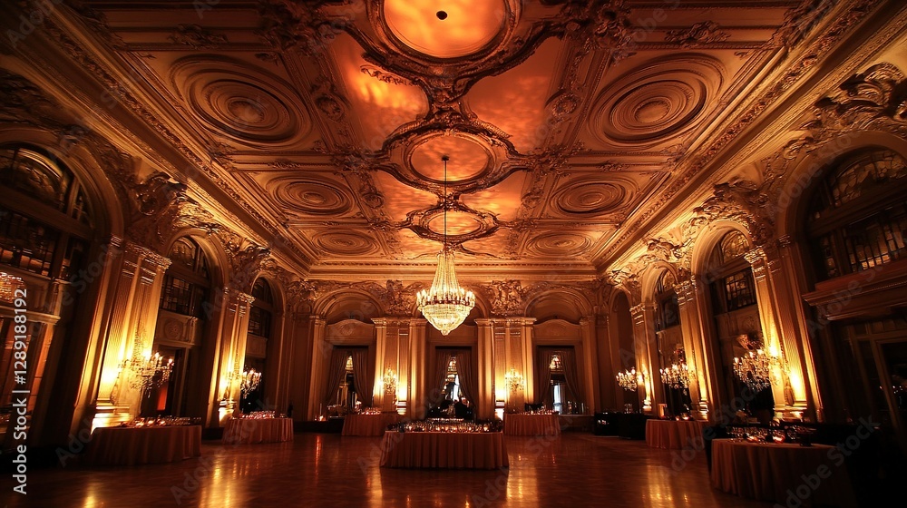Obraz premium A glamorous luxury hotel ballroom with intricate ceiling designs and soft lighting.