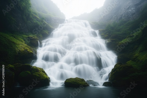 Majestic waterfall cascading down rocky cliffs, surrounded by lu