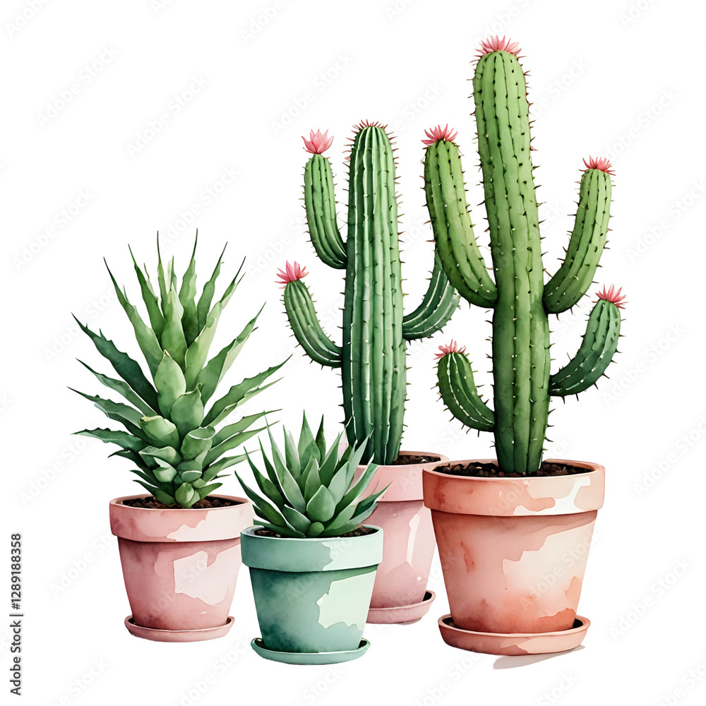 Four potted cacti and succulents Four potted cacti and succulents