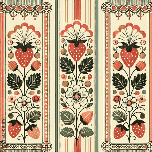 Modern vector illustration of a seamless floral and strawberry pattern, easily editable.