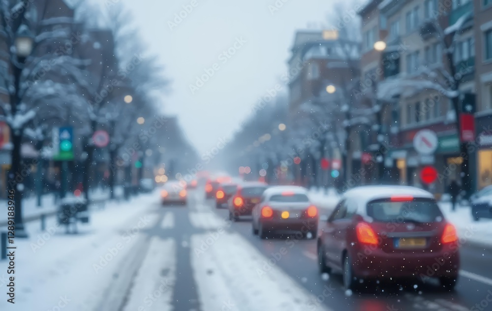 A snowy road with car lights blurred in the background A snowy road with car lights blurred in the background