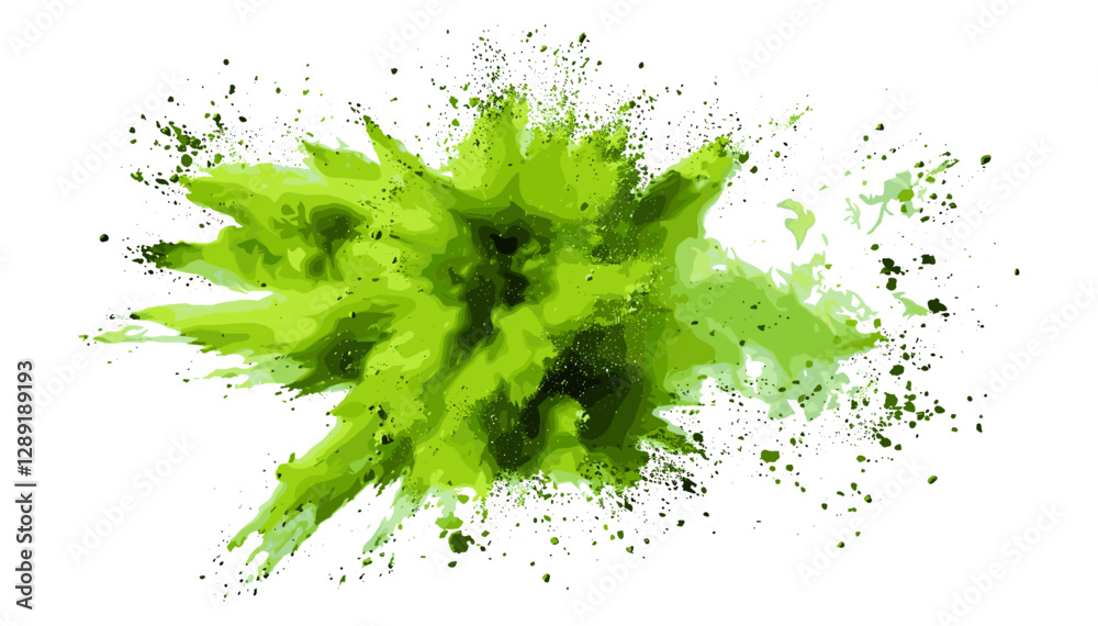 Green vector powder explosion, pulver burst, dust blast, abstract splash, isolated on white or transparent, ink cloud, particle burst, paint explosion, artistic background