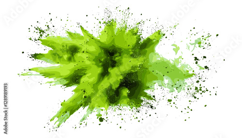 Green vector powder explosion, pulver burst, dust blast, abstract splash, isolated on white or transparent, ink cloud, particle burst, paint explosion, artistic background