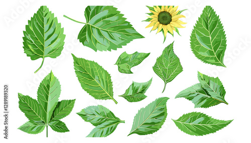 Vector Sunflower Leaves in Various Shapes, Green Botanical Elements, Foliage Set, Nature Illustration, Eco Design, Floral Pattern, Decorative Leaf Collection