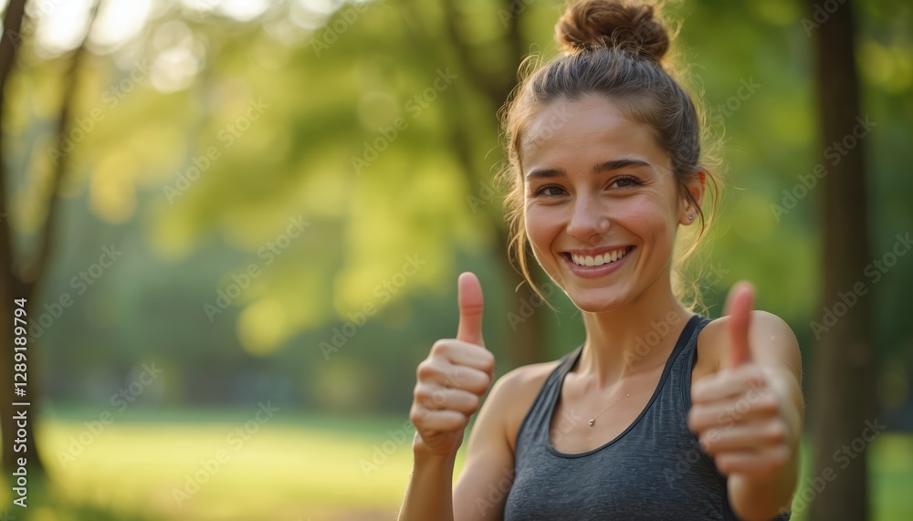 Happy fit woman shows thumbs up for fitness, nature or healthy running workout exercise with smile in park. Girl athlete runner smiles showing thumbsup for training, wellness or exercising. Happy fit woman shows thumbs up for fitness, nature or healthy running workout exercise with smile in park. Girl athlete runner smiles showing thumbsup for training, wellness or exercising.