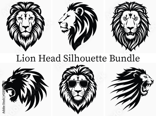 Black and white lion head silhouette clipart bundle design. Lion head logo set. Vector illustration.