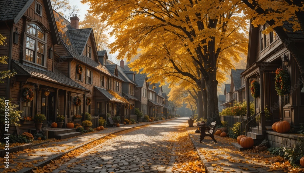 Fototapeta premium The Breathtaking Nature of Autumn Background with Stunning Trees in Vibrant Fall Colors Leaves Falling from the Branches Covering the Pathway and a Warm Sunlit Glow Creating a Cozy and Peaceful Outdoo