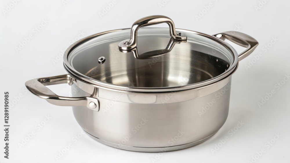 Stainless Steel Pot with Glass Lid on White Background