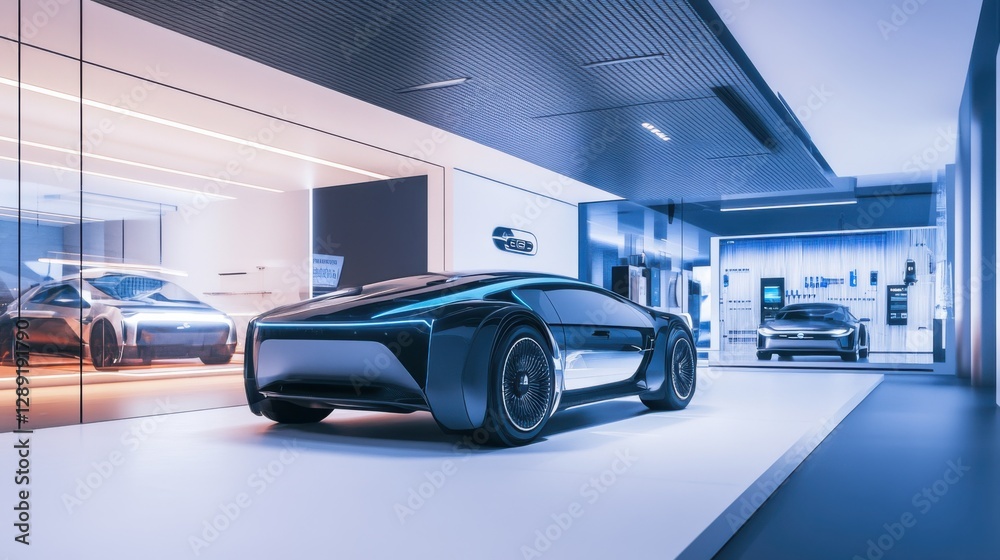 Fototapeta premium A car showroom showcasing an advanced autonomous vehicle. Featuring innovation and safety