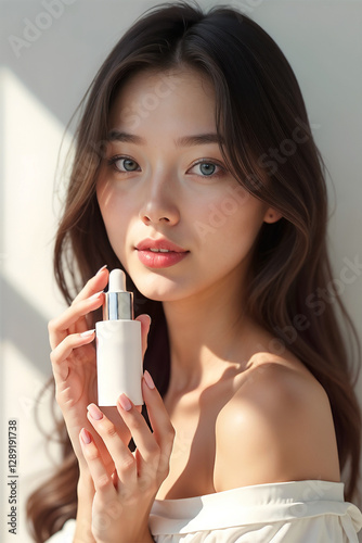 Natural Beauty Young Woman with Fresh Skin Promoting Advertising Skincare Cream	