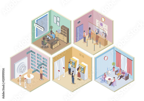 Bank 3d isometric rooms concept in isometry graphic design for web. People waiting in line to cash register desk, managers consulting clients in office, visitors get cash at atm. Vector illustration.