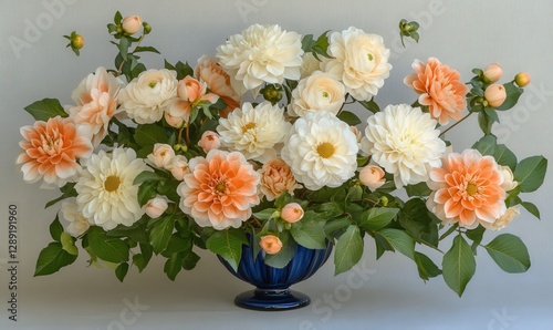 Elegant floral arrangement of peach and white dahlias in a dark blue vase against a light gray background