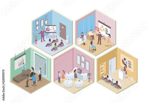 Business training 3d isometric rooms concept in isometry graphic design for web. People learning at conference hall, meeting and coaching, teacher making presentation in class. Vector illustration.