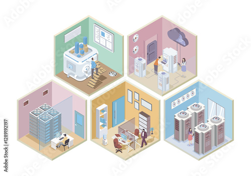 Data center 3d isometric rooms concept in isometry graphic design for web. People working with database system, making technical support and server maintenance, cloud processing. Vector illustration.