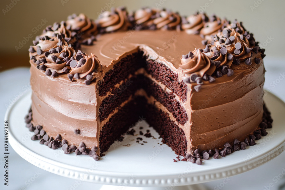 Delicious three layer chocolate cake with chocolate frosting and chocolate chips on white cake stand Delicious three layer chocolate cake with chocolate frosting and chocolate chips on white cake stand