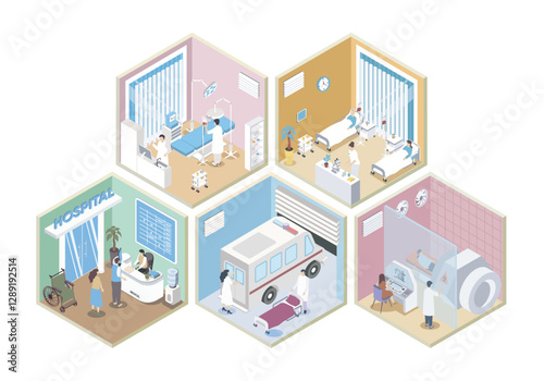 Hospital 3d isometric rooms concept in isometry graphic design for web. People registering at clinic reception, doctors work at surgery, patients at wards, MRI service cabinet. Vector illustration.