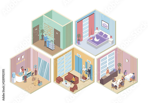 Hotel 3d isometric rooms concept in isometry graphic design for web. People in registerating at reception, tourists at waiting hall, dining in restaurant, bed apartment for guest. Vector illustration.