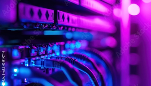 Neon Server Rack: Data Center Network Cables in Vivid Purple and Blue Light
