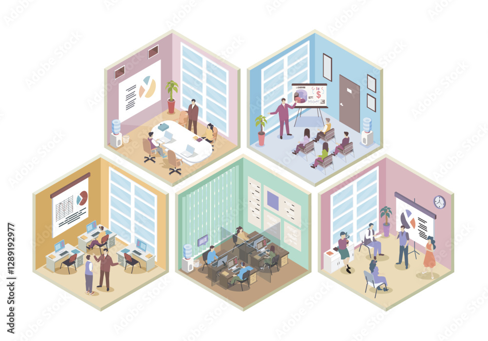 Outsourcing company 3d isometric rooms concept in isometry graphic design for web. People working in office, brainstorming at conference meeting, making presentation at workplace. Vector illustration. Outsourcing company 3d isometric rooms concept in isometry graphic design for web. People working in office, brainstorming at conference meeting, making presentation at workplace. Vector illustration.