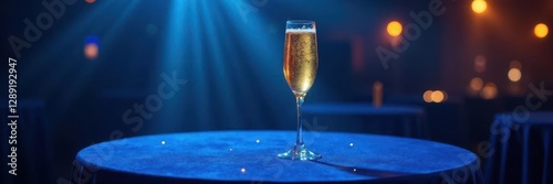 Golden champagne cocktail on a velvet-draped table amidst blue spotlight glow, ambiance, award ceremony
