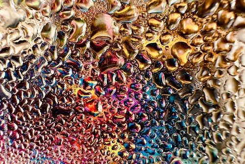 Close-up of water drops on metal surface in high resolution showing condensation of water droplets on metal surface. Intricate patterns and different sized water droplets create a beautiful abstract