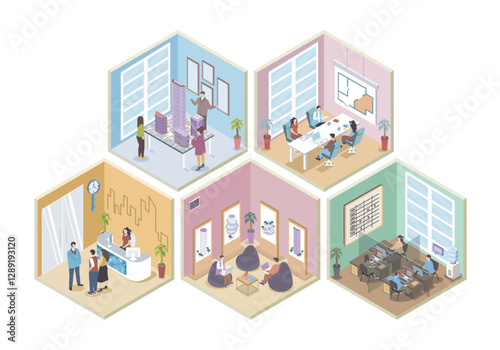 Real estate 3d isometric rooms concept in isometry graphic design for web. People working at office and sales department, creating architecture projects, customers with realtor. Vector illustration.