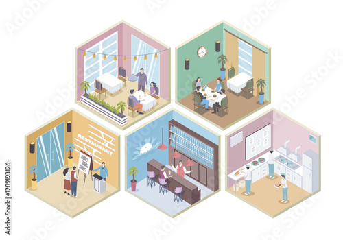 Restaurant 3d isometric rooms concept in isometry graphic design for web. People wait at reception, sitting at tables in dining area or bar, couple at date, staff work at kitchen. Vector illustration.