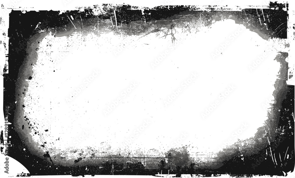 Vintage grunge vignette overlay with worn texture on transparent background, retro photo frame, aged border effect, distressed antique look, old paper texture, film grain effect