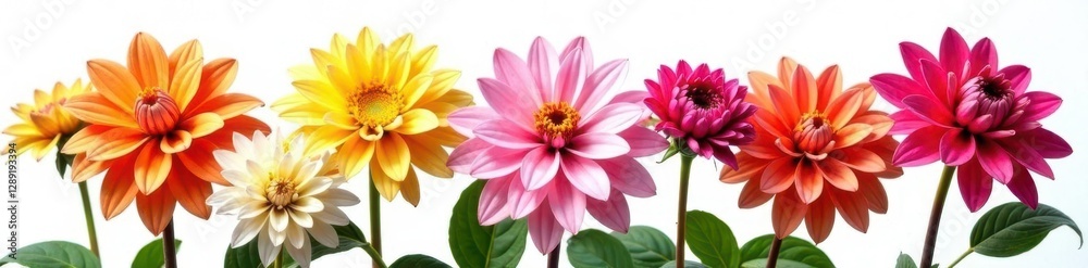 Obraz premium Showy dahlia flowers with brightly colored bracts against a white background,, floral