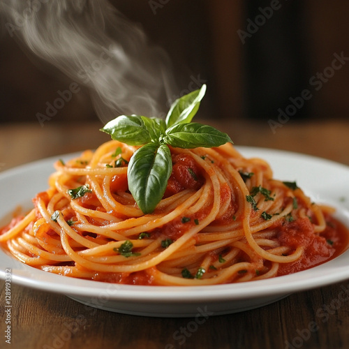 Italian cuisine, steaming pasta dish, spaghetti with tomato sauce, fresh basil garnish, white ceramic plate, wooden table.