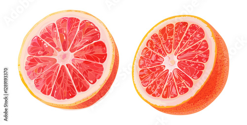 Grapefruit pink half vector isolated on white or transparent PNG, fresh citrus slice, juicy tropical fruit, organic vitamin C food, healthy exotic fruit, refreshing summer citrus
