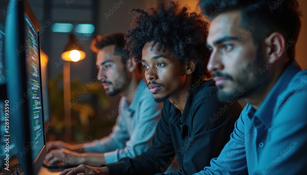 Fototapeta premium Focused software developers coding together at night in tech startup. Diverse team collaborates late to meet deadlines. Coding, design, problem solving, agile development, teamwork, expertise.