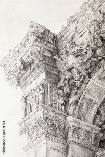 A finely detailed pencil sketch of an ancient architectural column adorned with intricate carvings and ornate sculptures, capturing the grandeur of classical craftsmanship photo