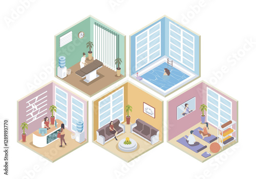 Wellness center 3d isometric rooms concept in isometry graphic design for web. People registering at reception hall, doing yoga, swimming in pool, get massage procedure in spa. Vector illustration.