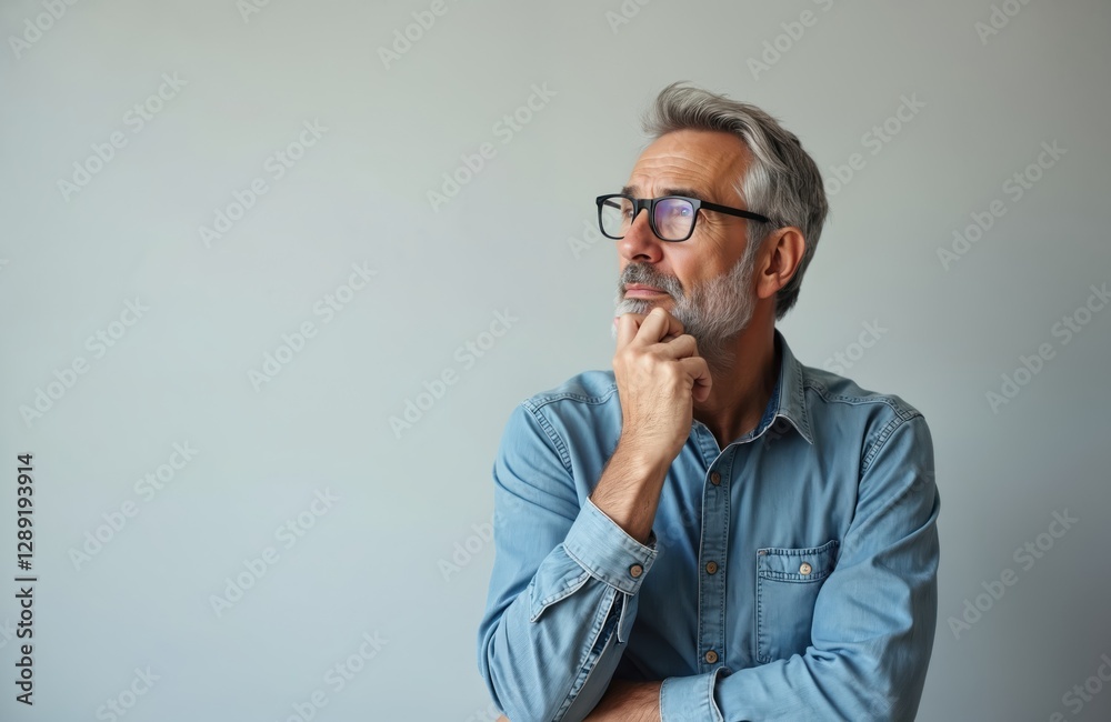 Thoughtful senior man in glasses looks up, holds chin. Mature male, grey hair, beard, blue denim shirt, poses, dreams, wonders. Pensive face, light background, hand on face. Contemplation, retirement Thoughtful senior man in glasses looks up, holds chin. Mature male, grey hair, beard, blue denim shirt, poses, dreams, wonders. Pensive face, light background, hand on face. Contemplation, retirement