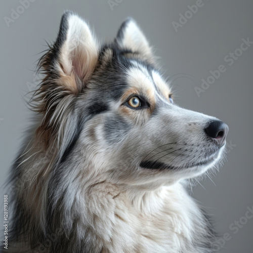 Close-up photo of an adult white dog with black and gray patches, serene expression, blueblack eyes possibly heterochromia or lighting effect, well-groomed coat, soft lighting, neutr - AI-Generated photo