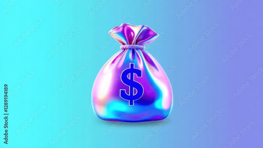Holographic 3D money bag icon illustration with iridescent colors and a modern, glossy effect. Perfect Any Project. Holographic 3D money bag icon illustration with iridescent colors and a modern, glossy effect. Perfect Any Project.